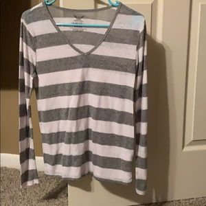 Faded Glory White and Grey Striped Long-Sleeve Top